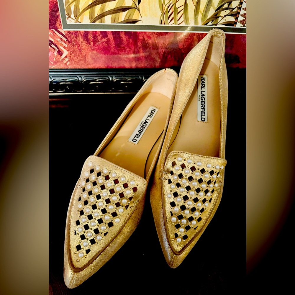 Karl Lagerfeld Devan Women’s gold flats with pearl embellishment
